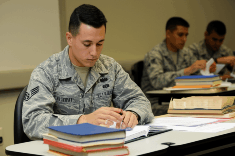 Military officer candidate studying test materials at desk