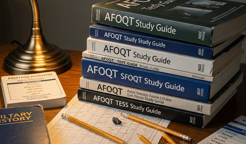afoqt study guides and test prep books stacked on desk with 20260331 094424