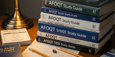 afoqt study guides and test prep books stacked on desk with 20260331 094424