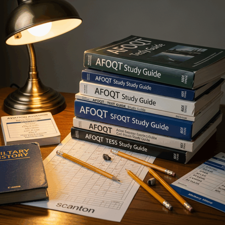 afoqt study guides and test prep books stacked on desk with 20260331 094424