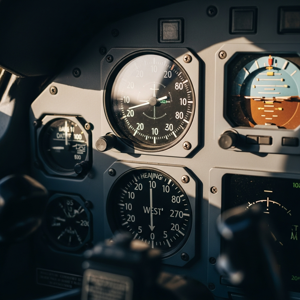 Cockpit instrument panel showing attitude indicator and heading indicator used in AFOQT aviation subtests