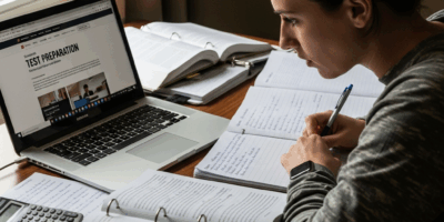 person studying at desk with laptop and military test prep m 20260331 094512